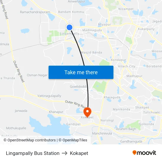 Lingampally Bus Station to Kokapet map