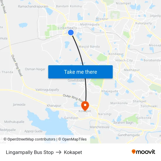 Lingampally Bus Stop to Kokapet map