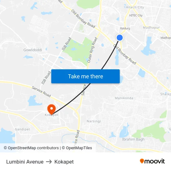 Lumbini Avenue to Kokapet map