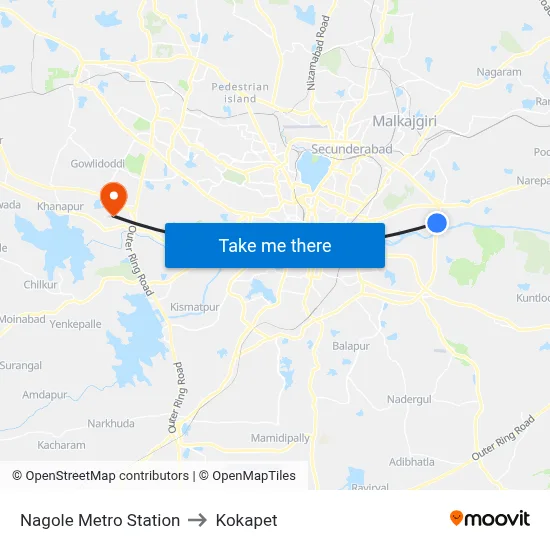 Nagole Metro Station to Kokapet map