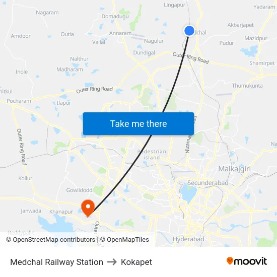 Medchal Railway Station to Kokapet map