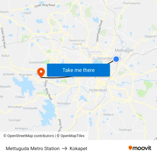Mettuguda Metro Station to Kokapet map