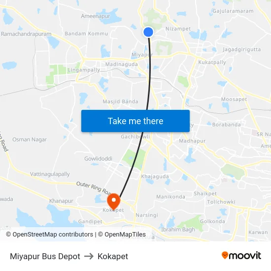 Miyapur Bus Depot to Kokapet map