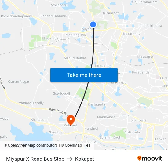 Miyapur X Road Bus Stop to Kokapet map