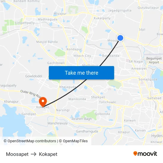 Moosapet to Kokapet map