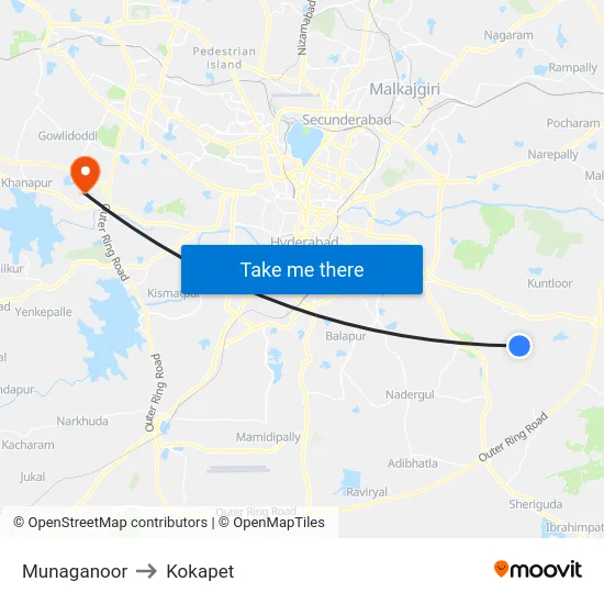 Munaganoor to Kokapet map