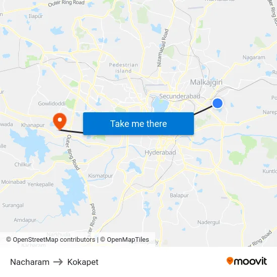 Nacharam to Kokapet map