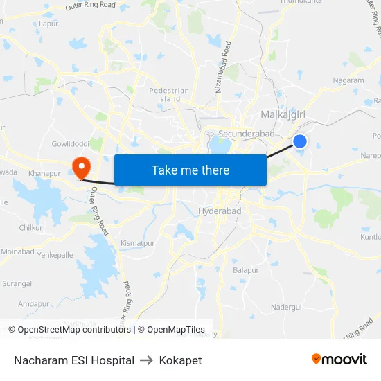 Nacharam ESI Hospital to Kokapet map