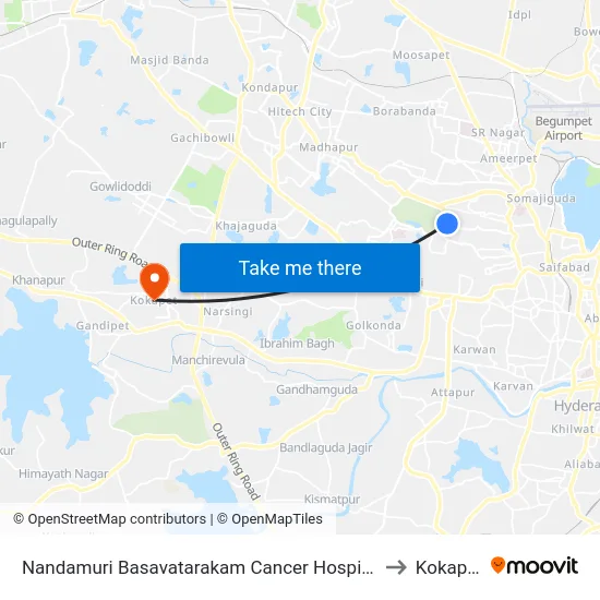 Nandamuri Basavatarakam Cancer Hospital to Kokapet map