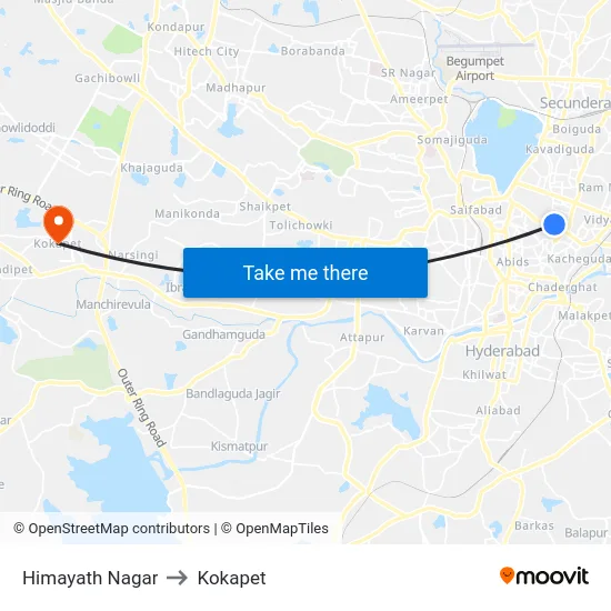 Himayath Nagar to Kokapet map