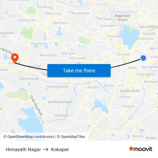 Himayath Nagar to Kokapet map