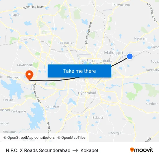 N.F.C. X Roads Secunderabad to Kokapet map