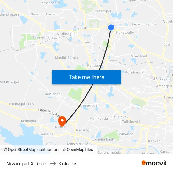 Nizampet X Road to Kokapet map