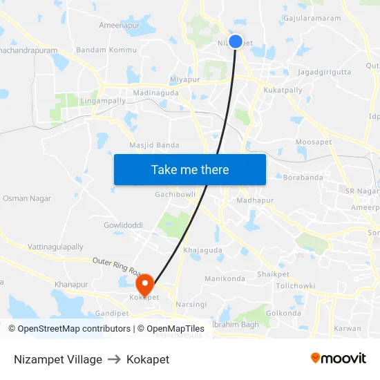 Nizampet Village to Kokapet map