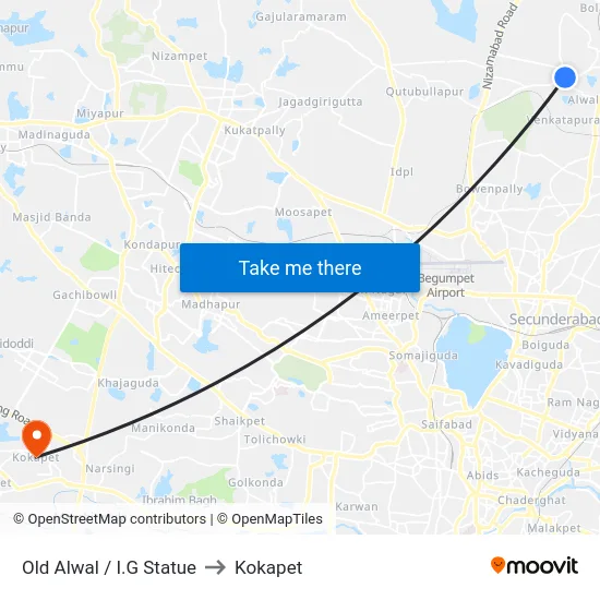 Old Alwal / I.G Statue to Kokapet map