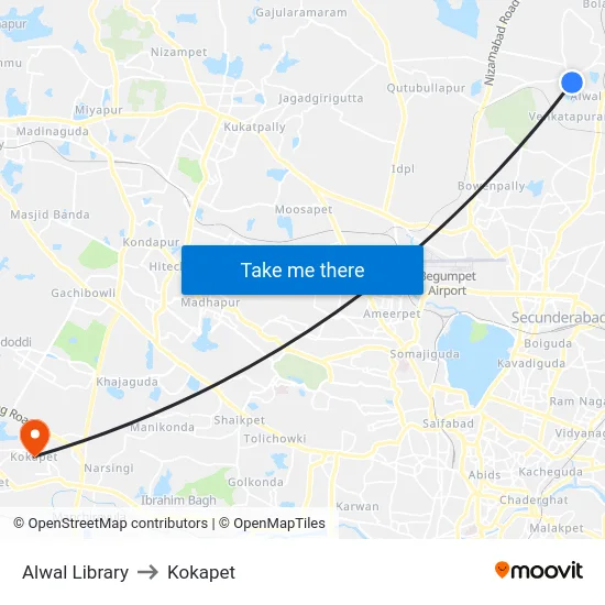 Alwal Library to Kokapet map