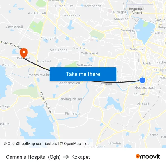 Osmania Hospital (Ogh) to Kokapet map