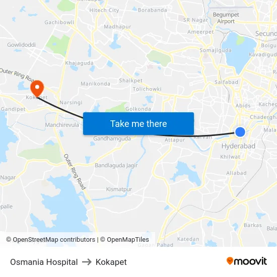 Osmania Hospital to Kokapet map