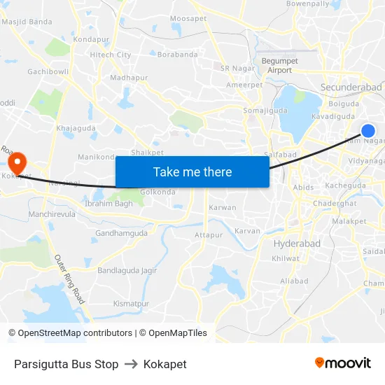 Parsigutta Bus Stop to Kokapet map