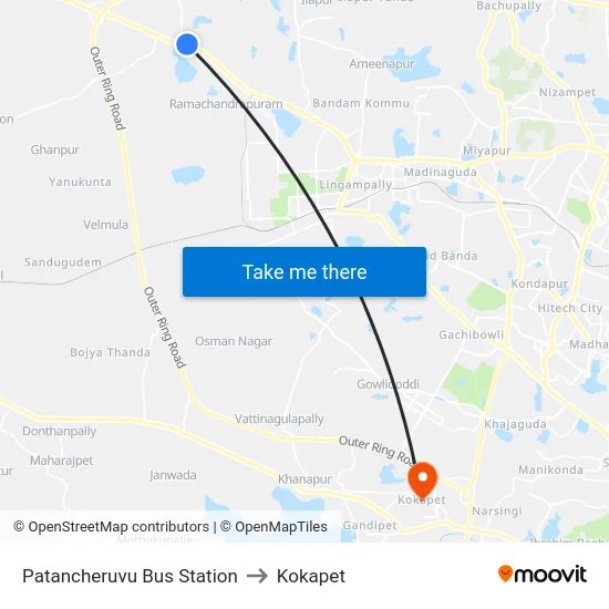 Patancheruvu Bus Station to Kokapet map
