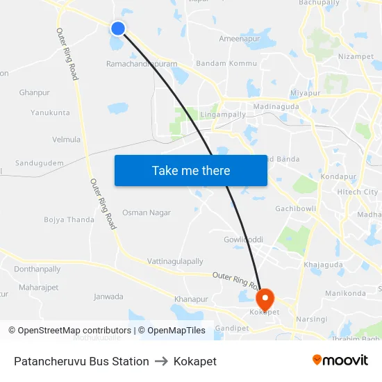 Patancheruvu Bus Station to Kokapet map