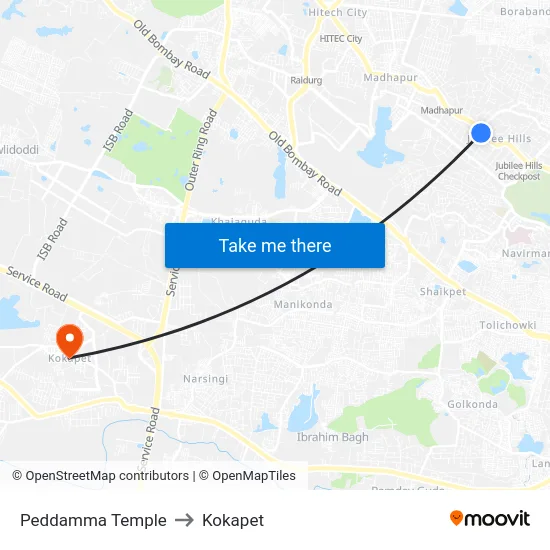 Peddamma Temple to Kokapet map