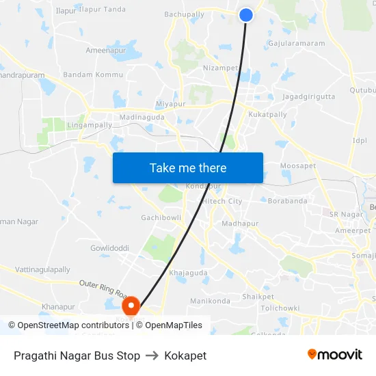 Pragathi Nagar Bus Stop to Kokapet map