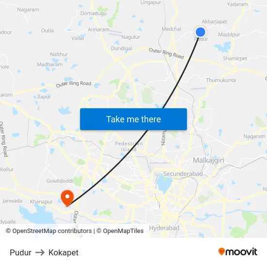 Pudur to Kokapet map