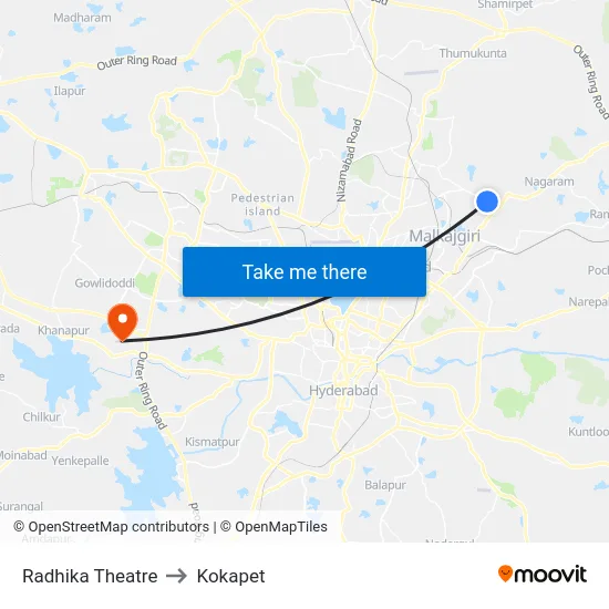 Radhika Theatre to Kokapet map