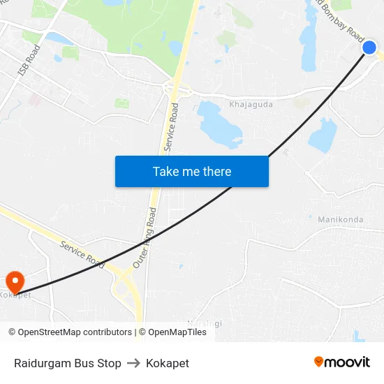 Raidurgam Bus Stop to Kokapet map
