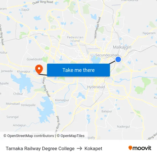 Tarnaka Railway Degree College to Kokapet map