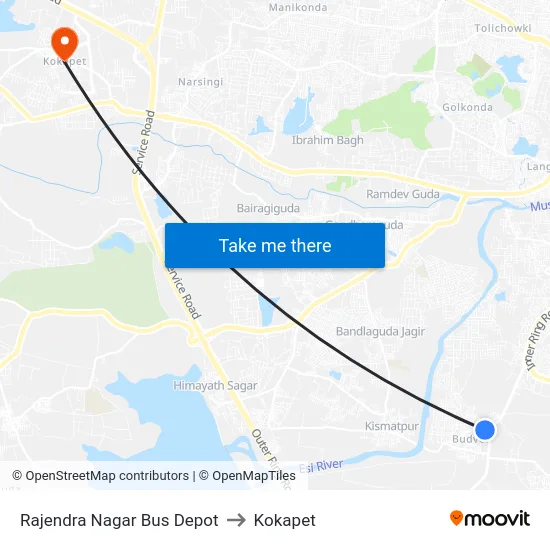 Rajendra Nagar Bus Depot to Kokapet map
