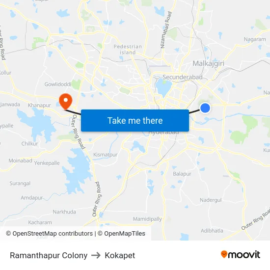 Ramanthapur Colony to Kokapet map