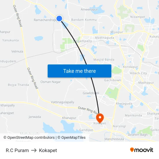 R.C Puram to Kokapet map