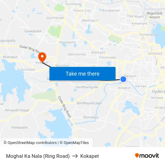 Moghal Ka Nala (Ring Road) to Kokapet map