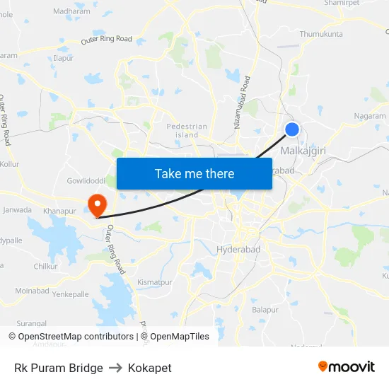 Rk Puram Bridge to Kokapet map