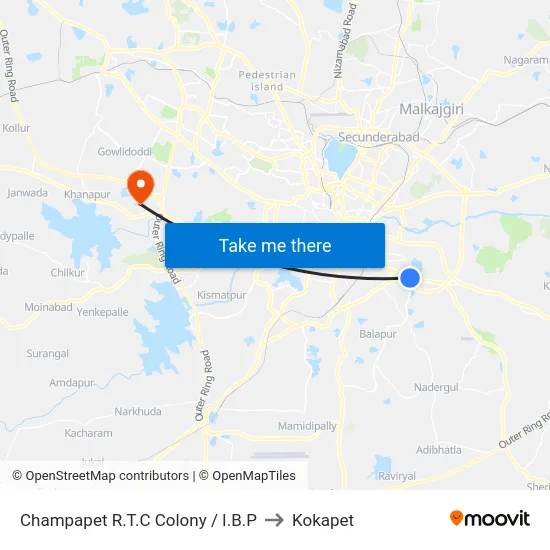 Champapet R.T.C Colony / I.B.P to Kokapet map