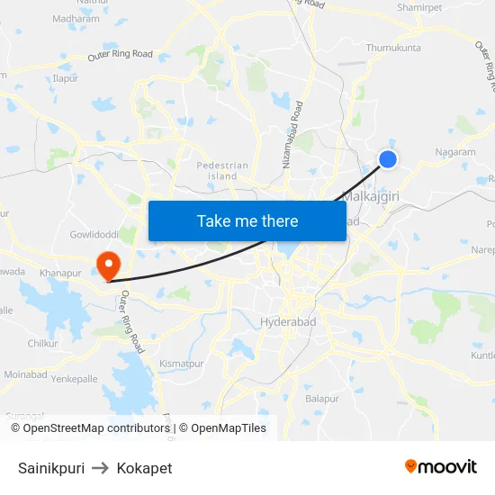 Sainikpuri to Kokapet map