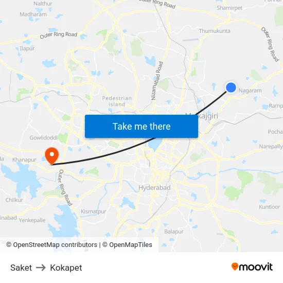 Saket to Kokapet map