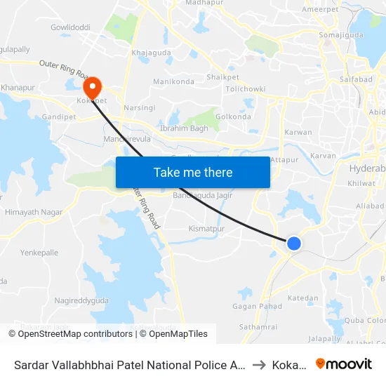 Sardar Vallabhbhai Patel National Police Academy to Kokapet map
