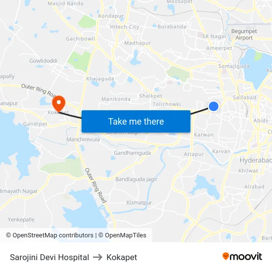 Sarojini Devi Hospital to Kokapet map