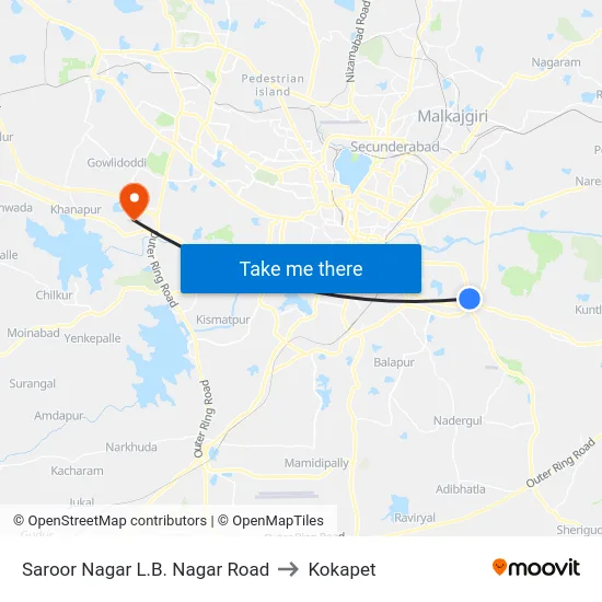 Saroor Nagar L.B. Nagar Road to Kokapet map