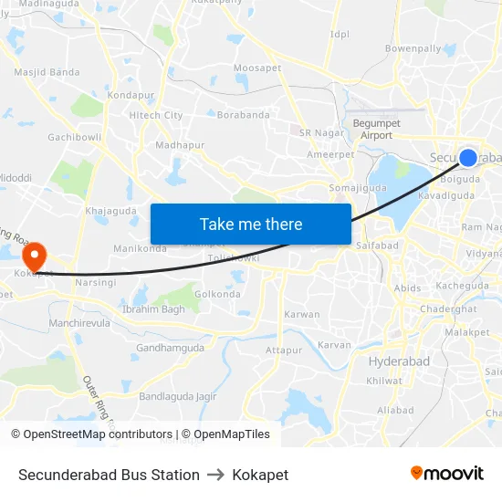 Secunderabad Bus Station to Kokapet map