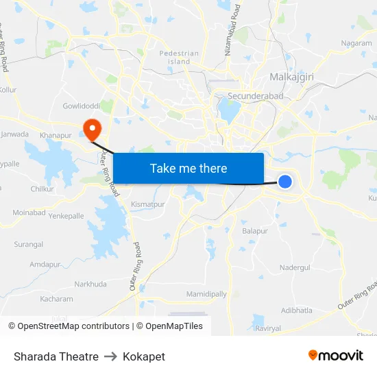 Sharada Theatre to Kokapet map