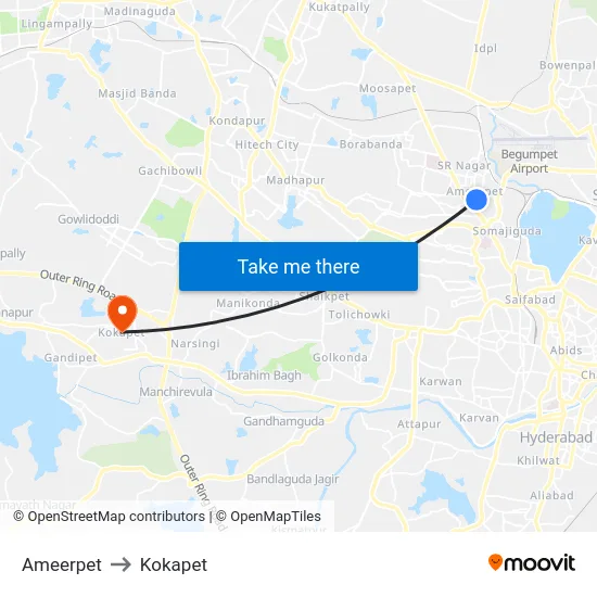 Ameerpet to Kokapet map