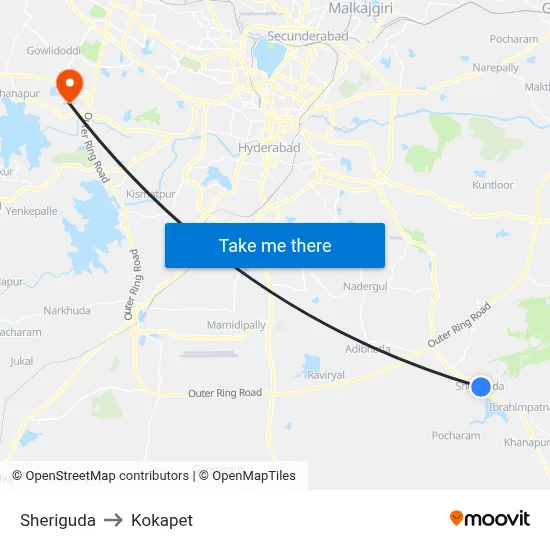 Sheriguda to Kokapet map