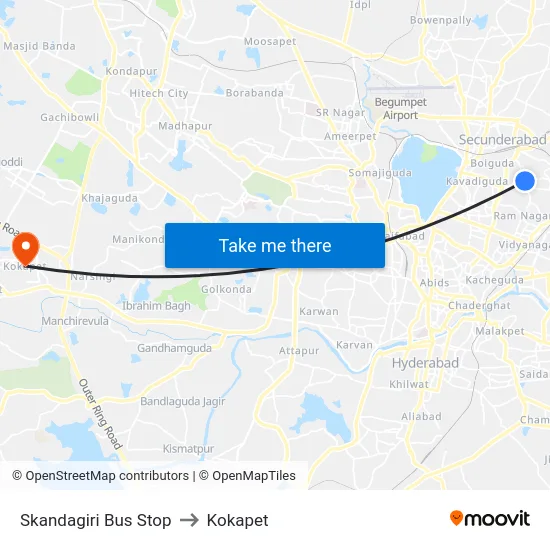 Skandagiri Bus Stop to Kokapet map