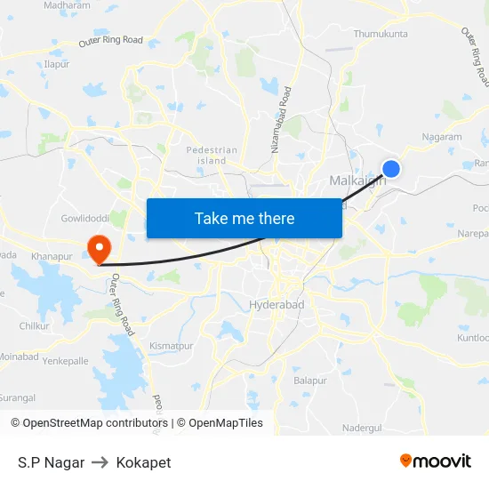 S.P Nagar to Kokapet map
