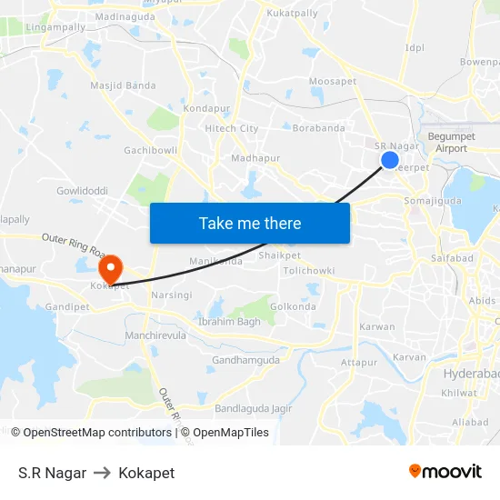 S.R Nagar to Kokapet map