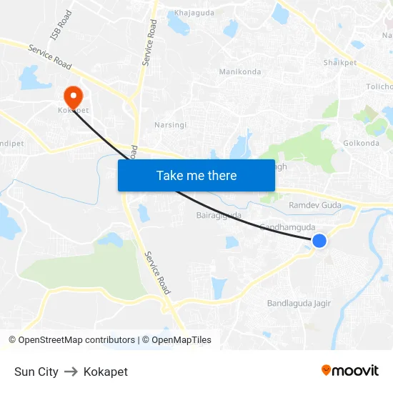 Sun City to Kokapet map